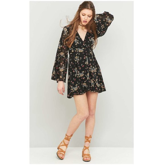 Free People Lilou Black Floral Chiffon Dress